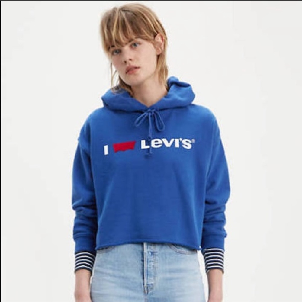 I Love Levi’s Blue Raw Cut/Crop Hoodie/Sweatshirt